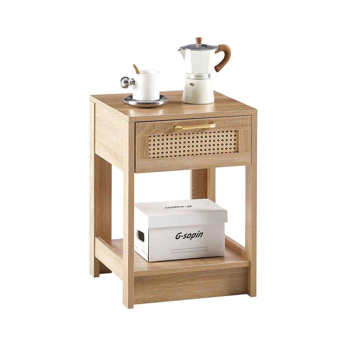 Rattan Side Table with Drawer H55xW40xD40cm Natural Wood Look
