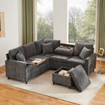 Chenille Corner Sofa Bed with Ottoman, USB Charging and Hidden Table, Grey