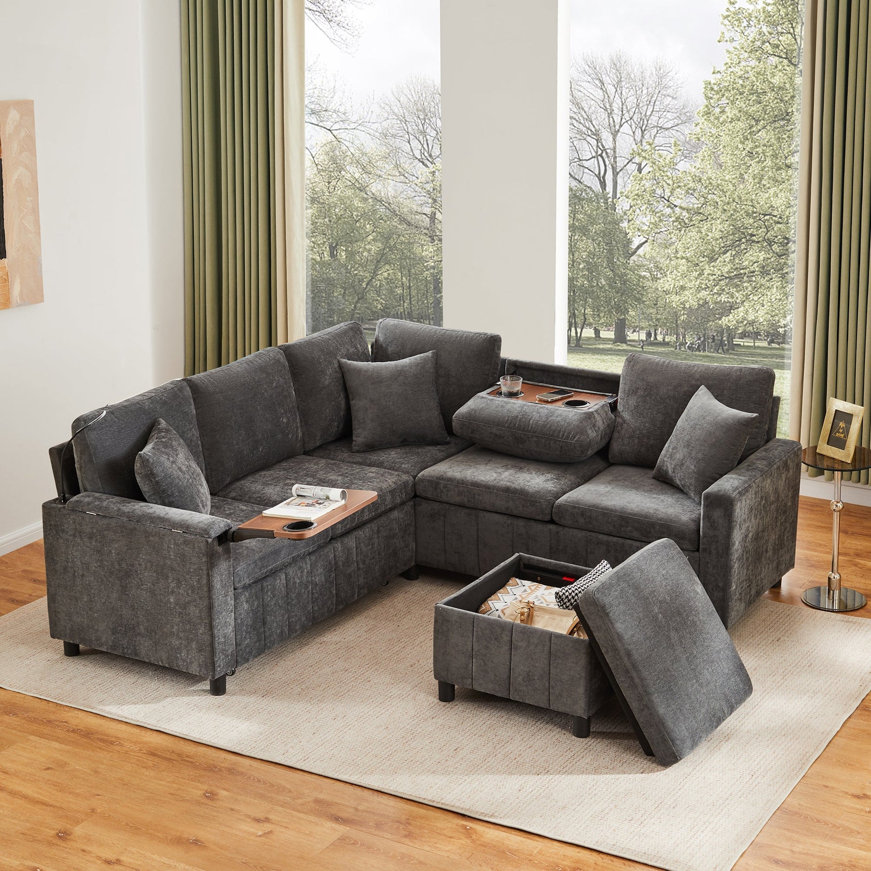Chenille Corner Sofa Bed with Ottoman, USB Charging and Hidden Table, Grey