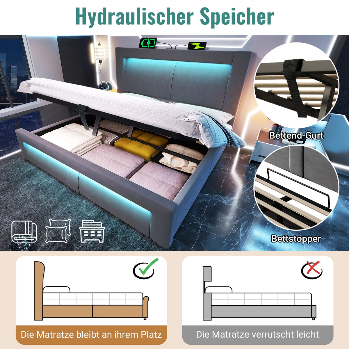 Double Bed with Hydraulic Storage, LED, USB and Type-C Ports, 140x200cm, Grey Velvet