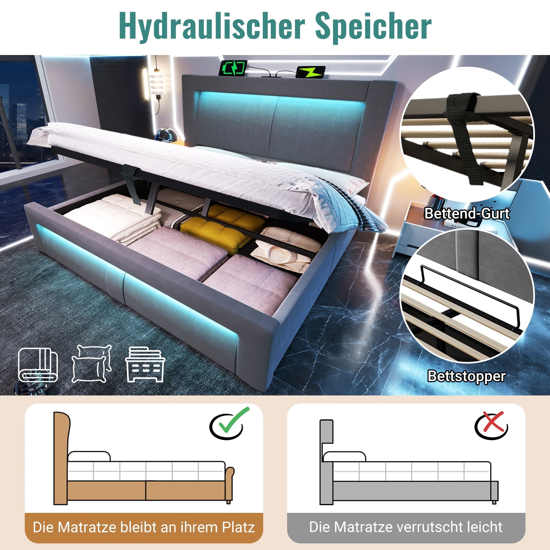 Double Bed 160x200 cm with Hydraulic Storage, LED, USB Charging and Mattress, Gray Velvet
