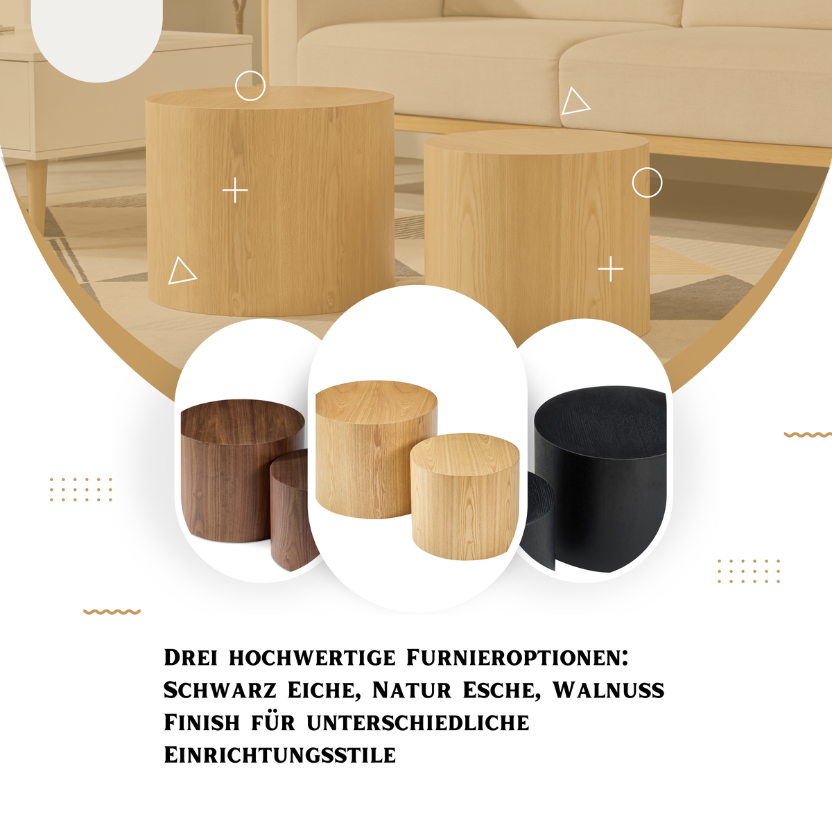 Modular Nesting Coffee Table Set of 2 Solid Wood Cylinder Design - Natural, Black & Walnut