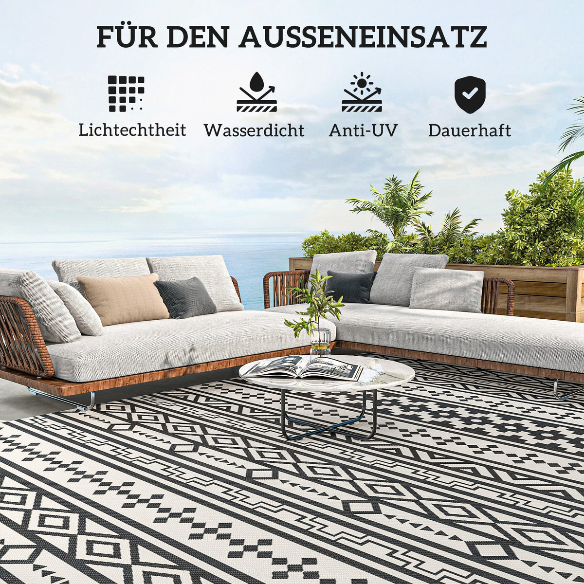 Outdoor Rug, Robust Weatherproof Foldable Boho, Black and White