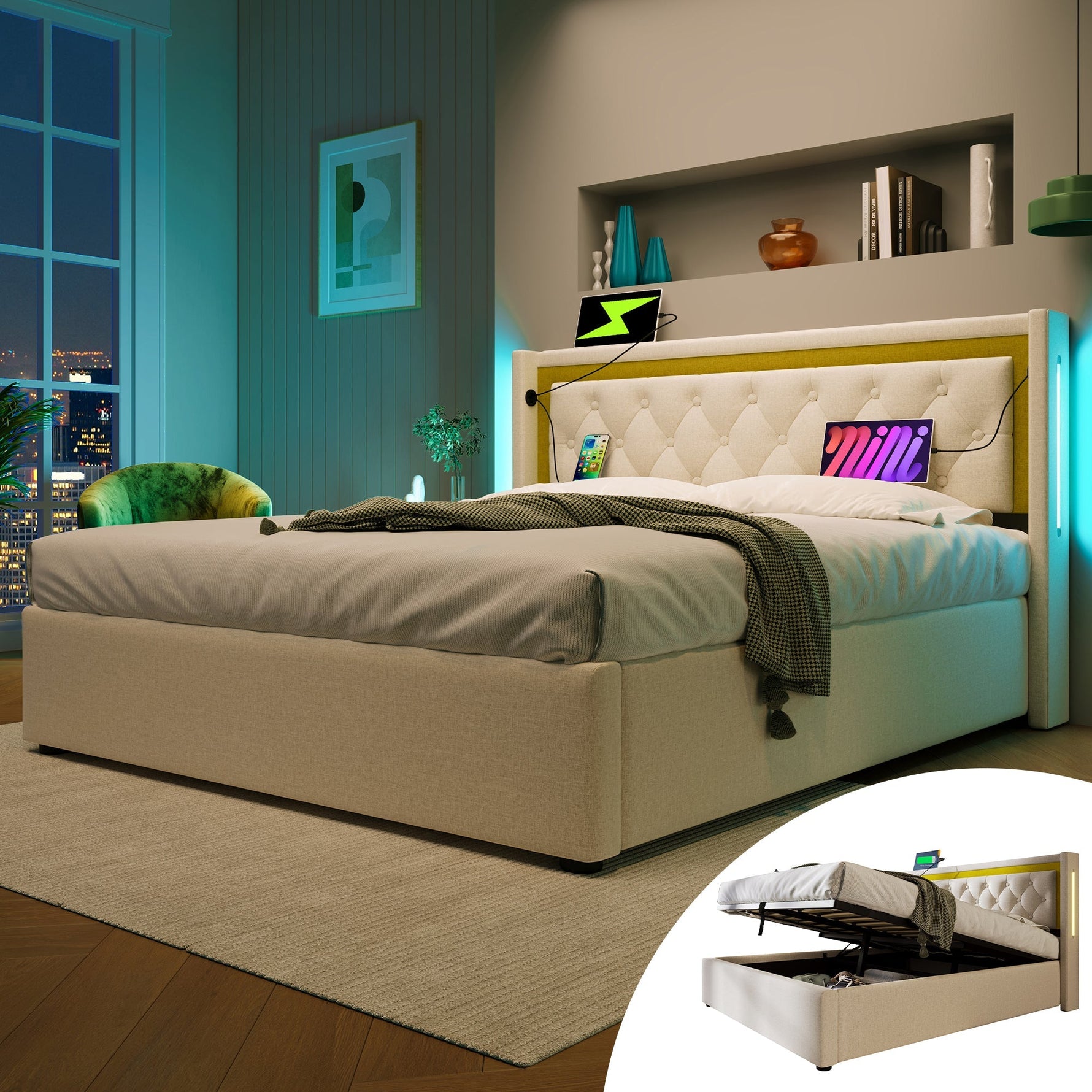 Upholstered Bed with LED, Storage, USB-C Headboard, 140x200 Cotton
