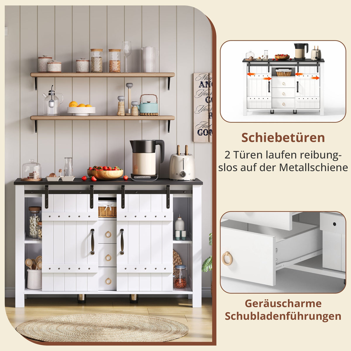 Sideboard Buffet 120cm Sliding Doors 3 Drawers - Rustic White