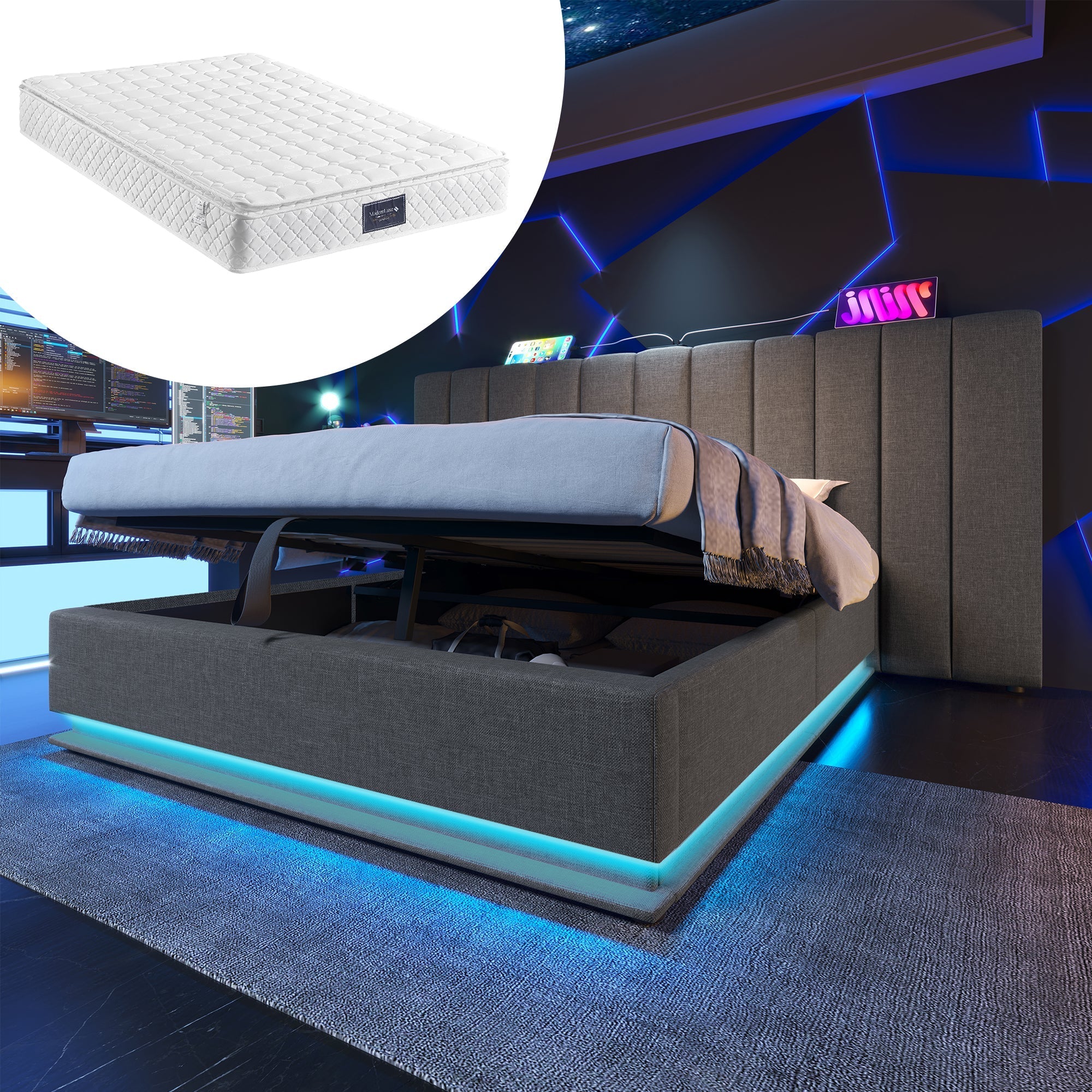 Upholstered Bed 160x200, Double Storage with App Control LED & USB-C, Grey Linen