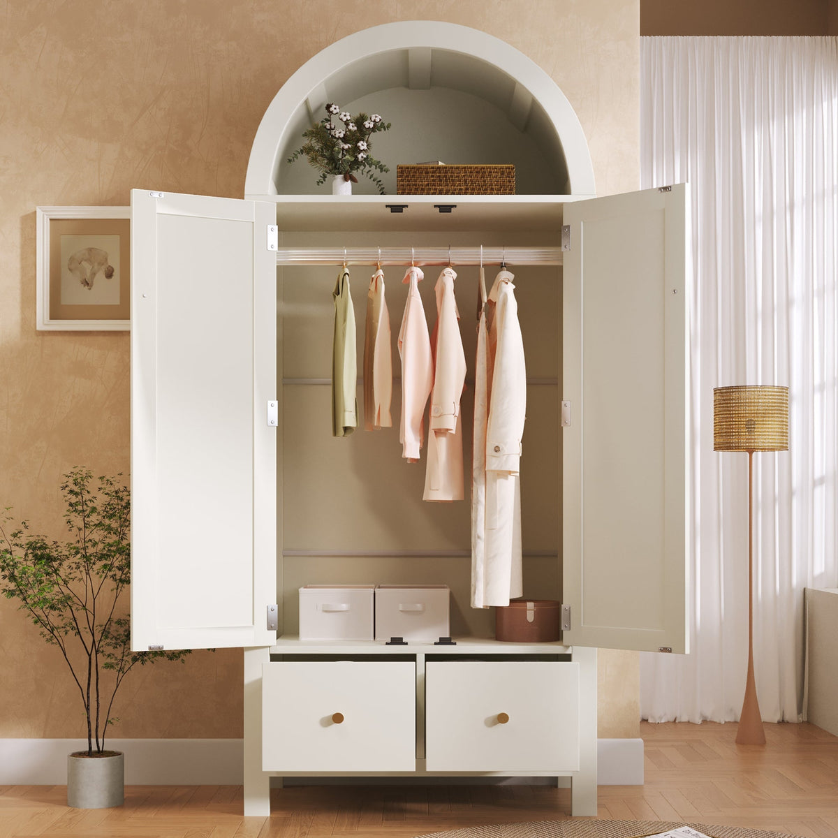 Wardrobe with Rattan Weave and 2 Doors, 181x78x45cm, White Wood