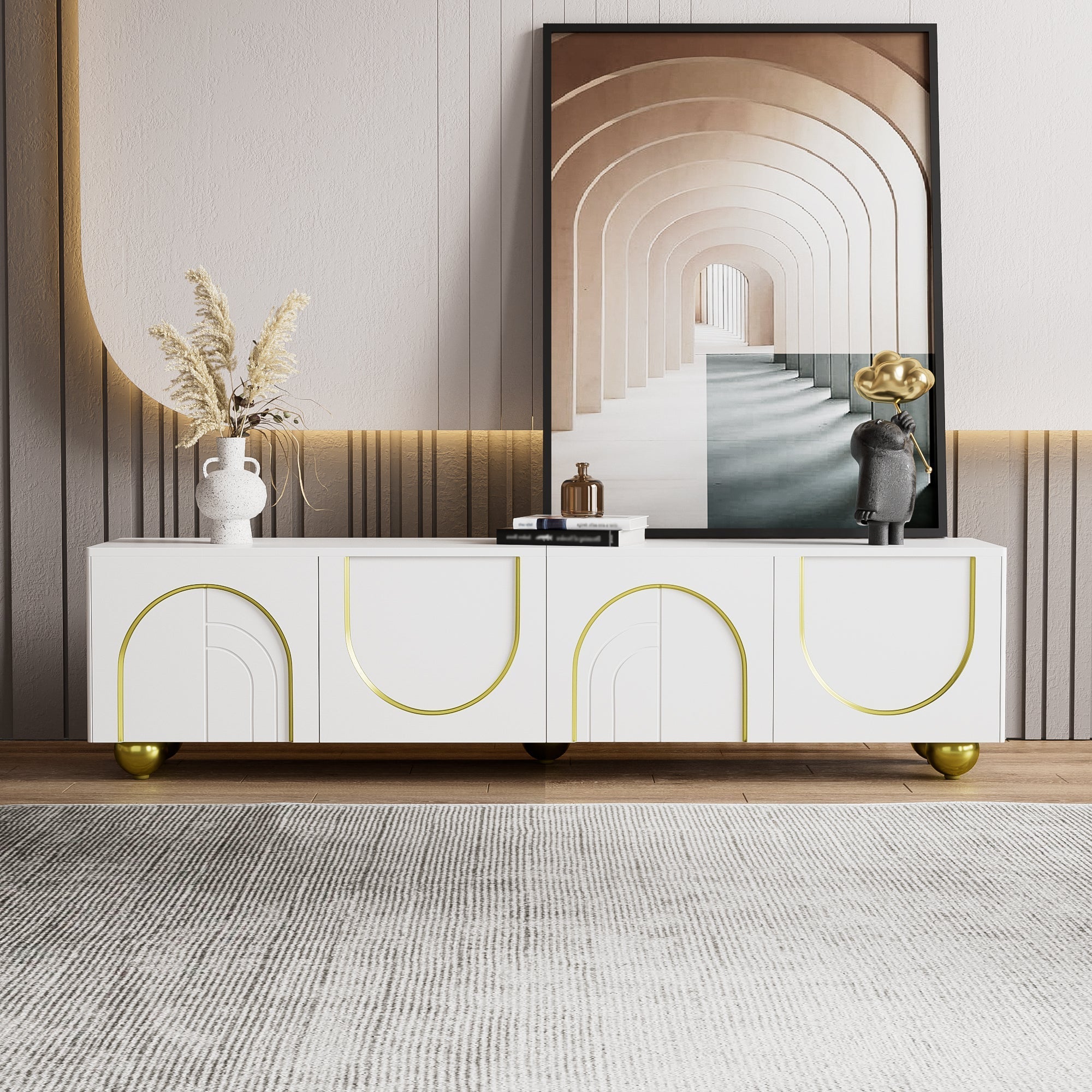 TV Lowboard with Textured Doors, Drawers & Open Compartments - Gold