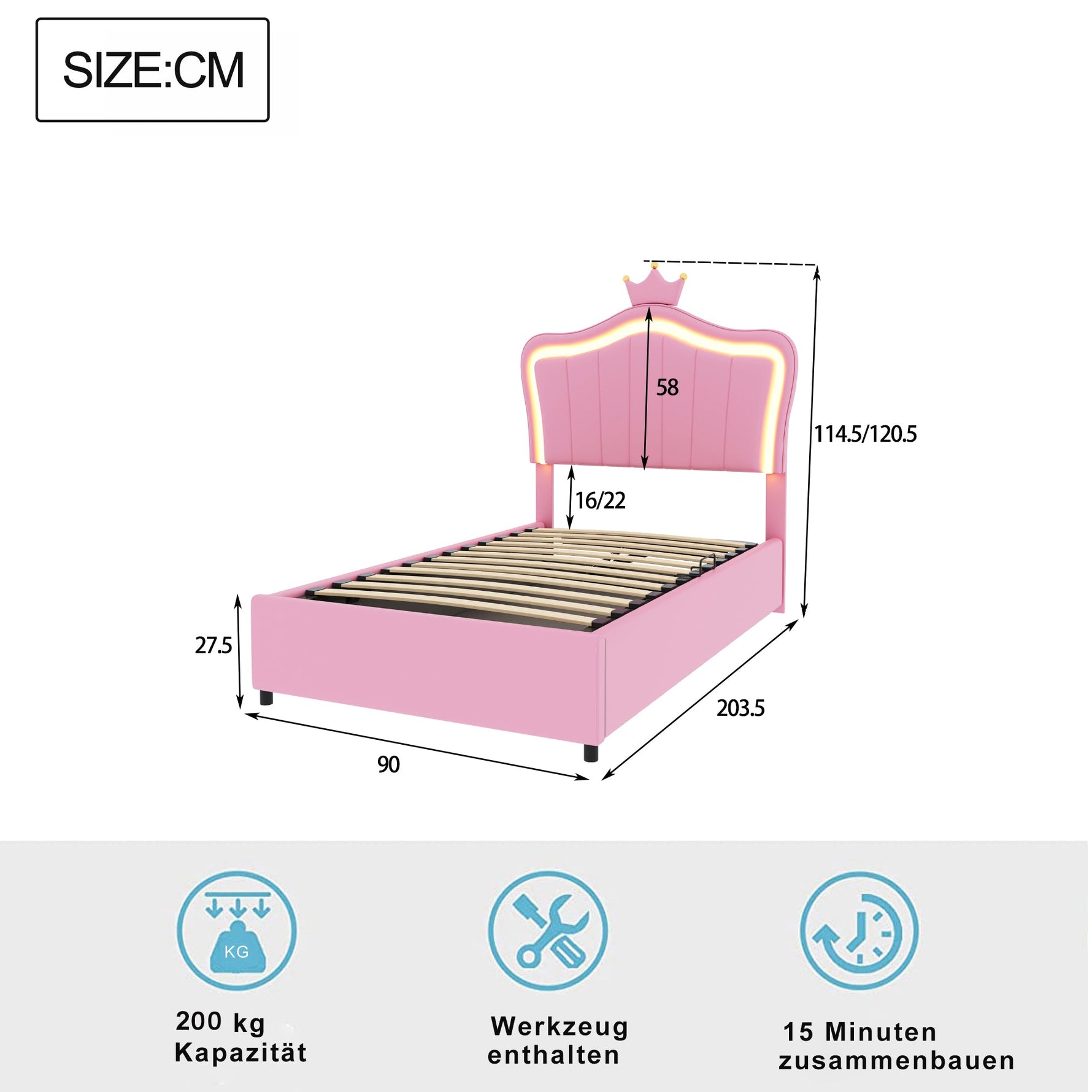 N623P171461H Upholstered Children's Bed Seashell Headboard LED Storage White/Pink Faux Leather