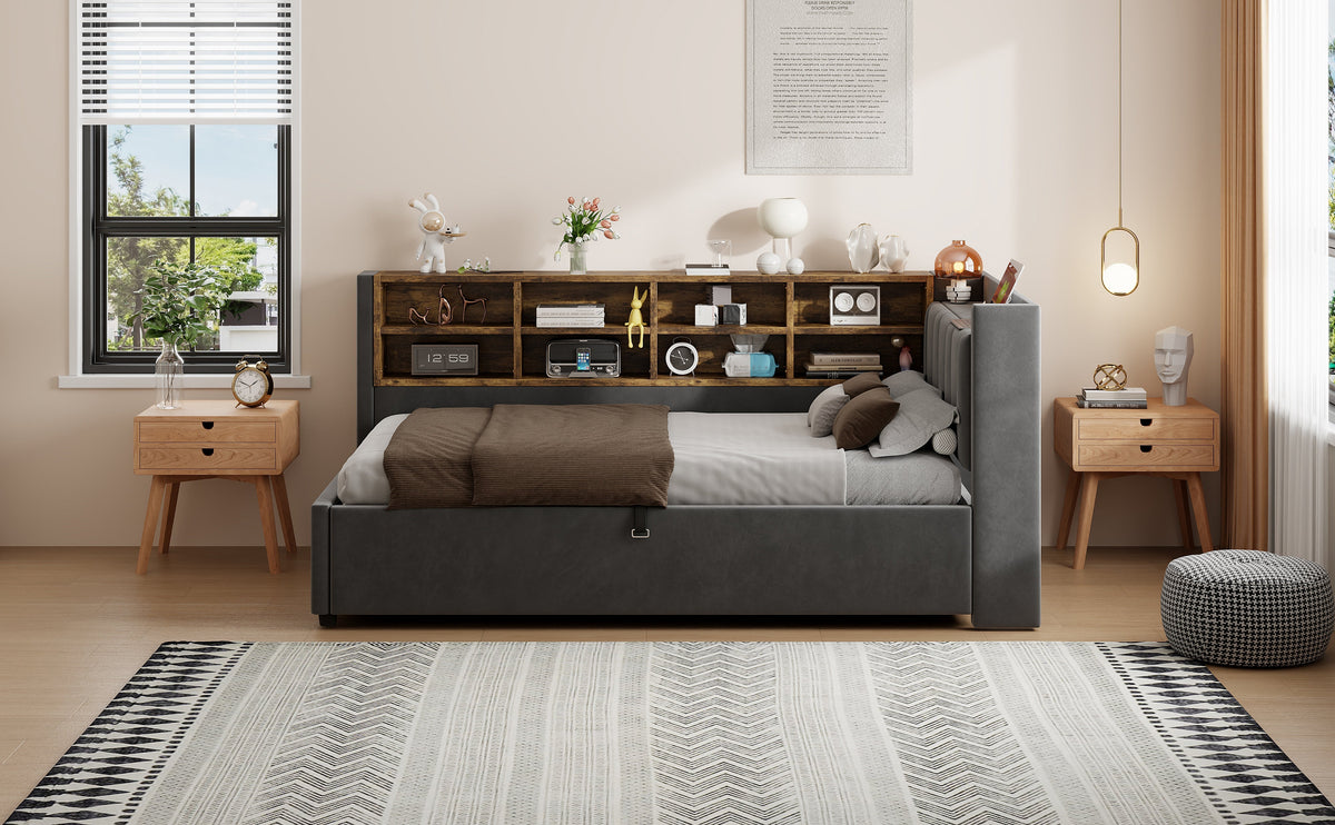 Upholstered Bed/Sofa Bed 90x200cm Multifunctional Hydraulic Storage USB/Type-C Night Light - Dark Grey Velvet