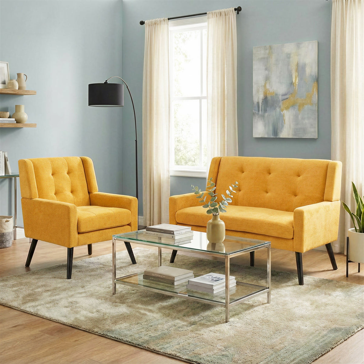 Accent Armchair Set, 2-Piece Single and Double Chairs with High-Density Foam and Solid Wood Legs, Durable Fabric