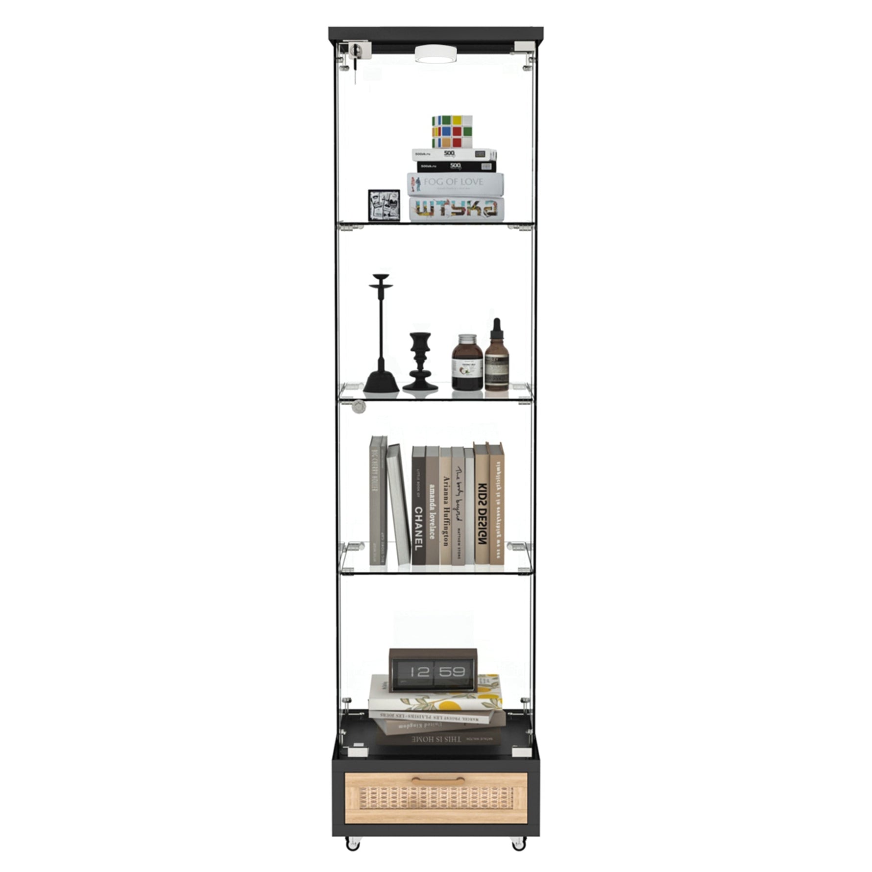 Glass Display Cabinet with LED Lighting, Drawers & Tempered Glass Shelves, H167cm Black