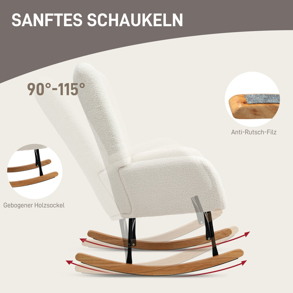 Rocking Chair, Armrests Lumbar Cushion Wooden Base, Cream White Teddy Fabric