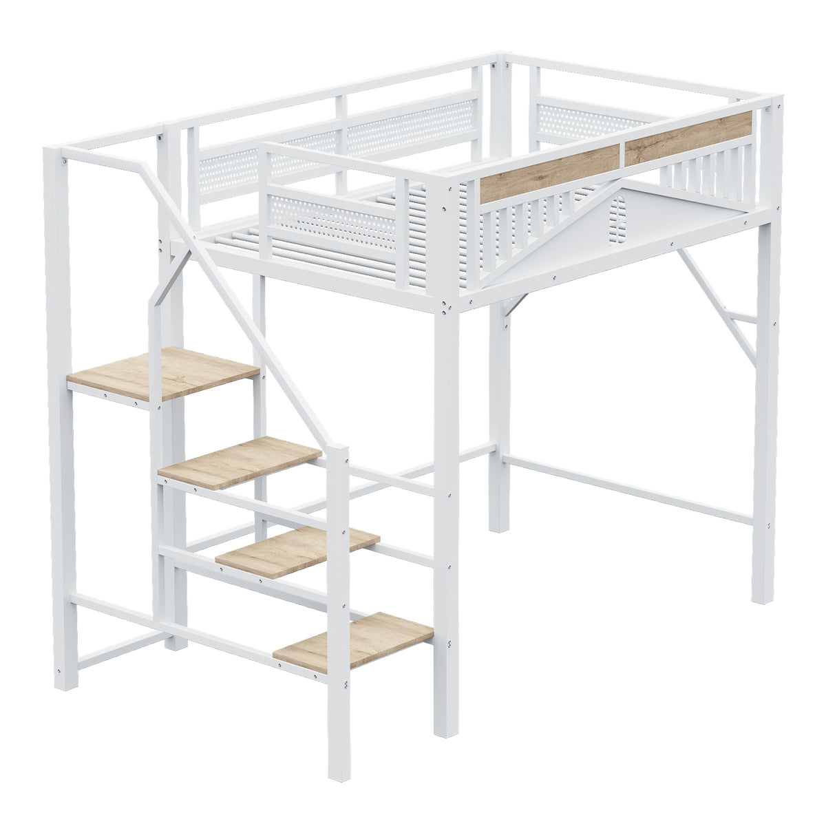Metal Loft Bed 140x200cm with Ladder & Underbed Storage, White