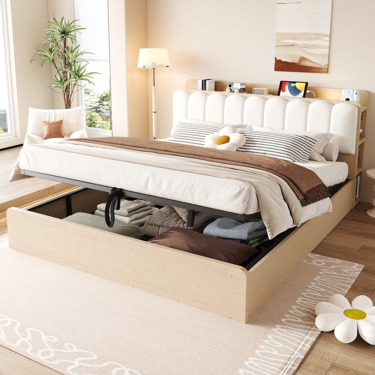 Wooden Flatbed 180x200 with Hydraulic Storage & USB, Wood