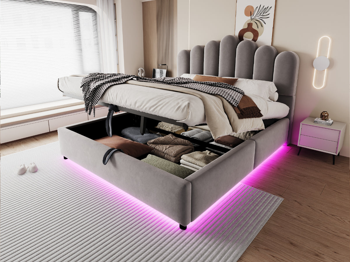 Upholstered Bed 140x200cm with Storage & LED Light - Grey Velvet