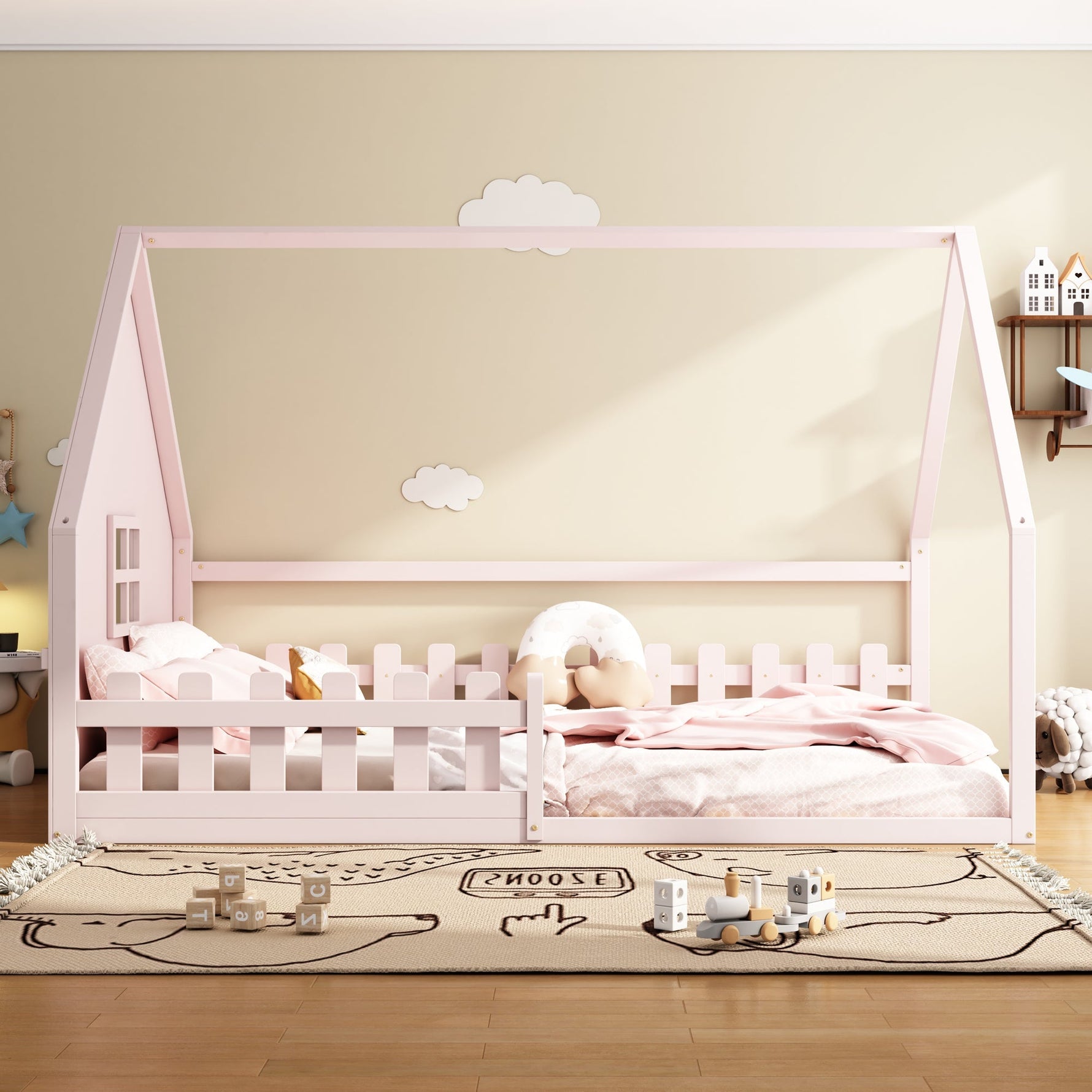 Flatbed Children's Bed 140x200cm House Rail - Pine Wood Pink