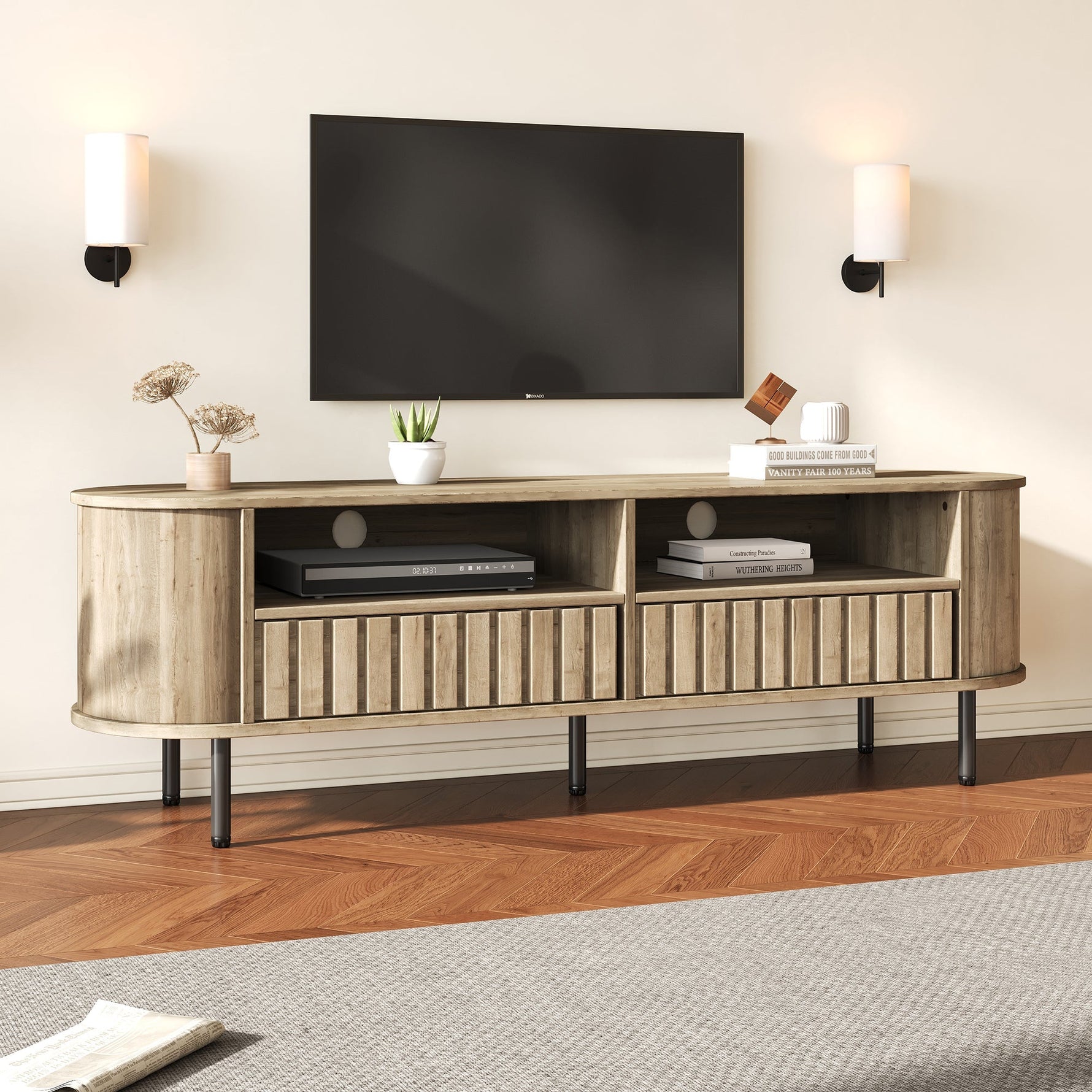 TV Cabinet Lowboard 160cm 2 Doors 2 Drawers for 65 Inch - Natural Wood