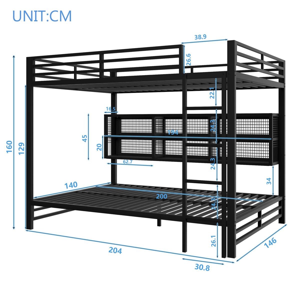 Bunk Bed 140x200 with Storage Cabinets LED Light Black