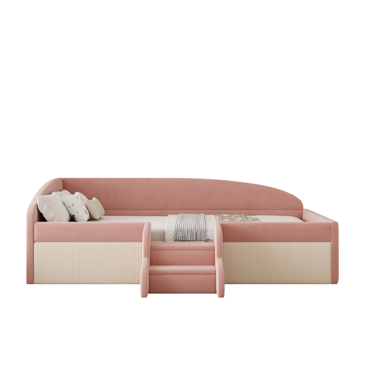 Upholstered Sofa Bed, 90x190cm Multifunctional with Steps and Railings, Velvet Fabric Pink + Cream White