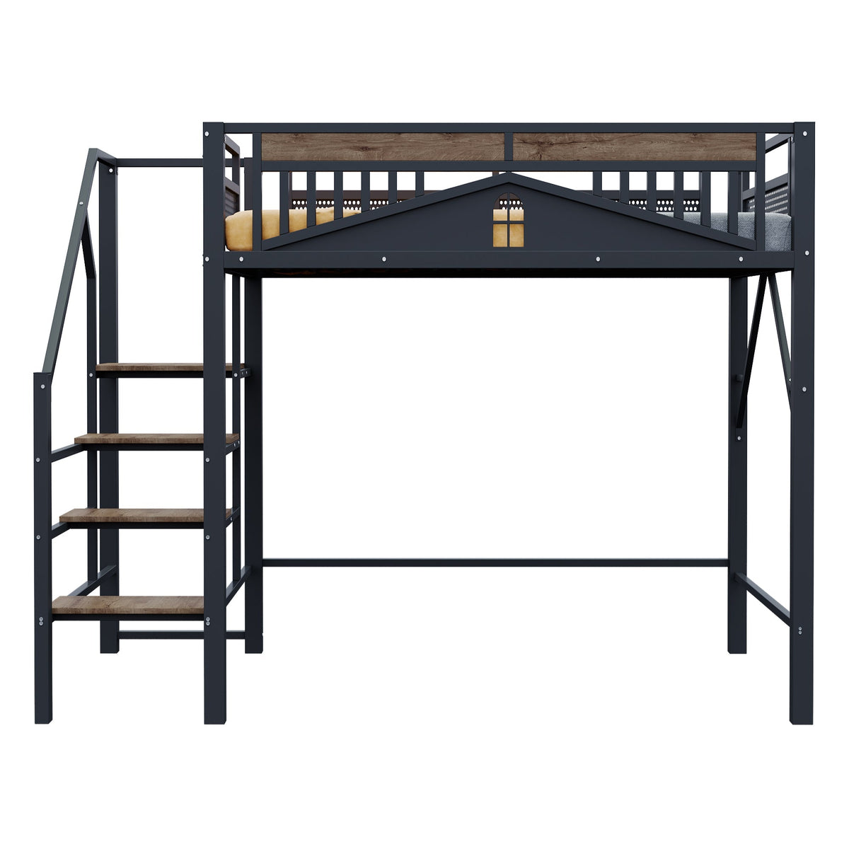 Metal Loft Bed, 140x200cm, Window Design, Safety Ladder, Storage, Black