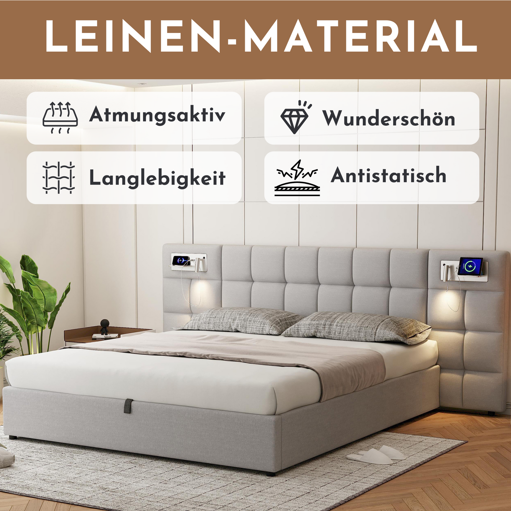 Upholstered Bed 180x200cm Hydraulic Storage USB Wireless Charging Lamp - Linen Grey