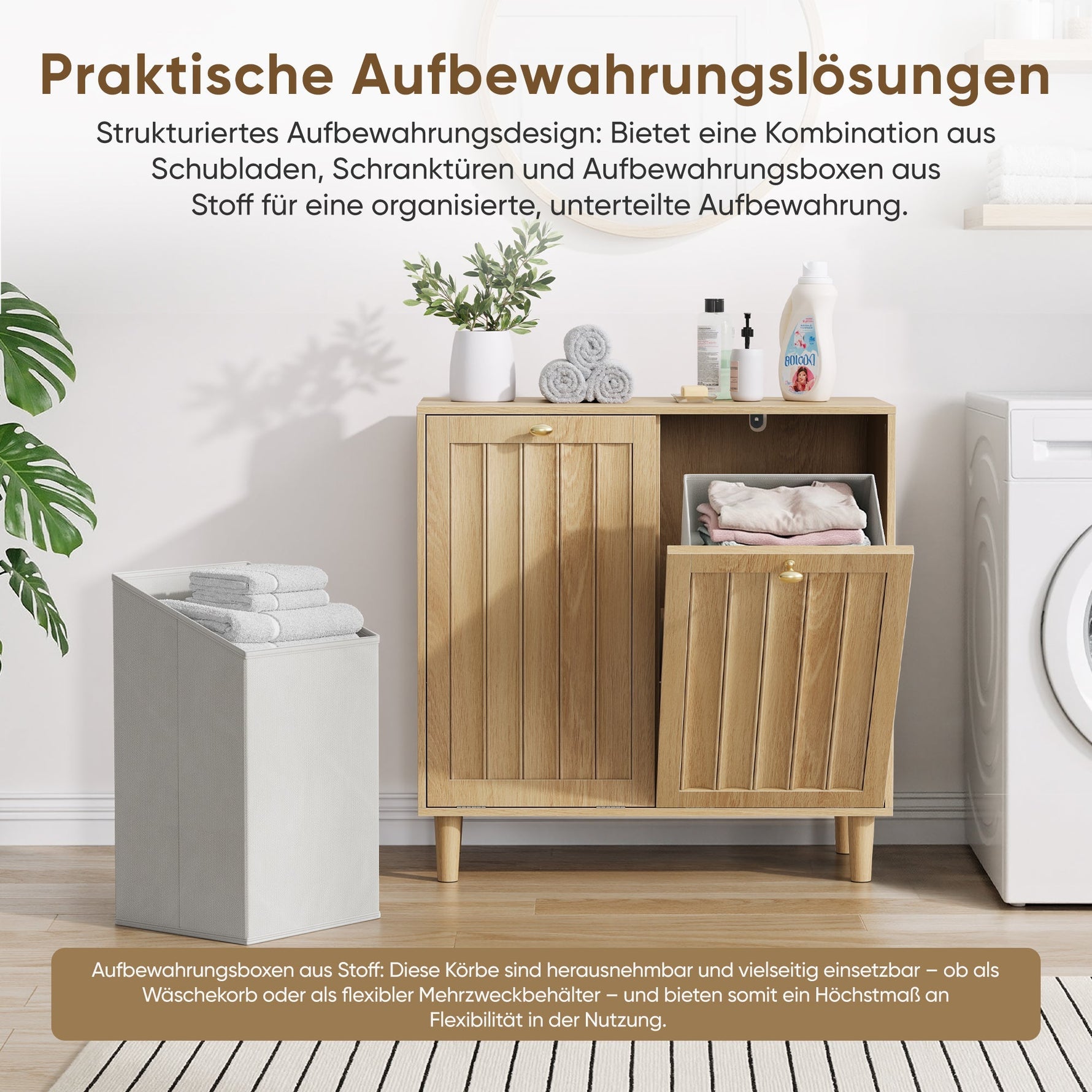 Slanted Laundry Basket with Removable Inner Basket and Bathroom Storage Shelf, Oak Wood Color