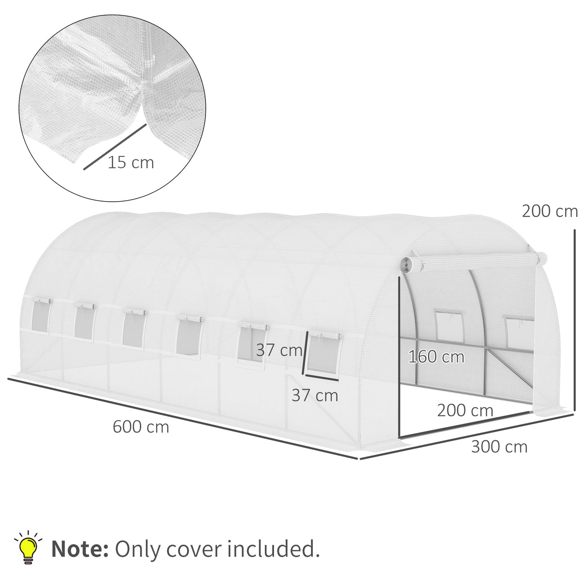 Replacement Cover 600x300x200cm, Front Door, 12 Windows, Tear-Resistant Film, White