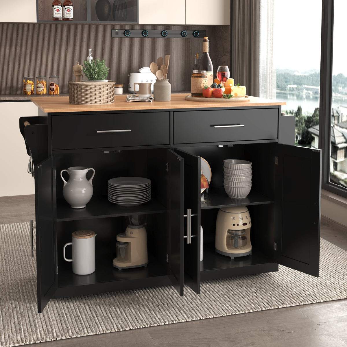 Serving Trolley 120cm Folding Tabletop Casters Wood Legs Black