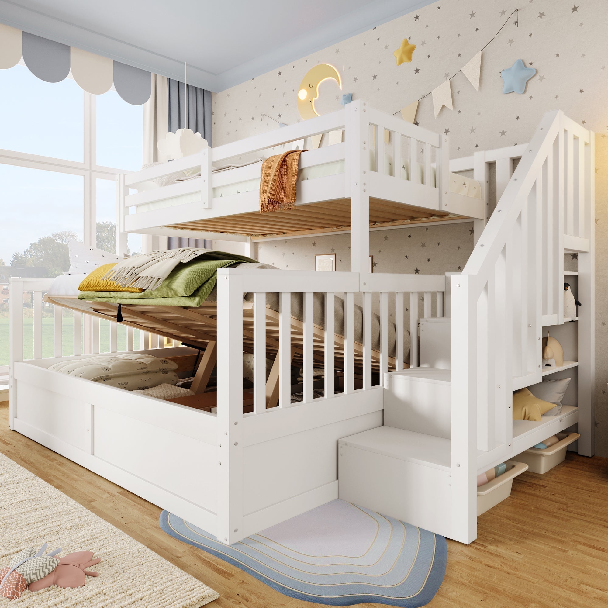 Bunk Bed 90/140x200cm Hydraulic Storage Ladder White