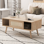 Wicker Coffee Table Sliding Doors Solid Wood Legs - Natural Color