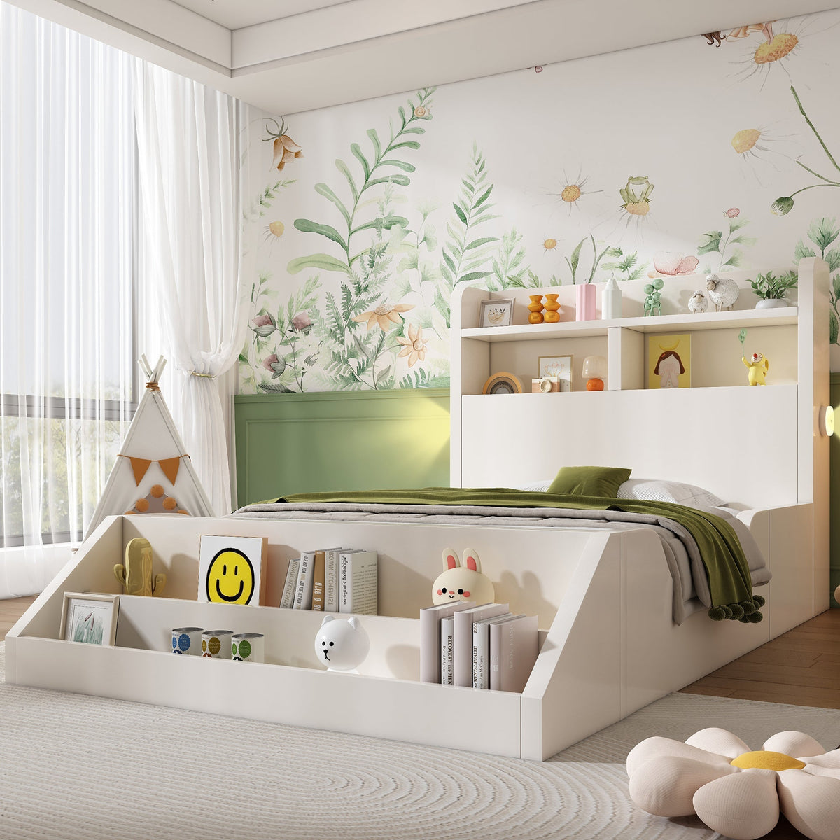 Wooden Single Bed with Shelves, Nightlights and Removable Bookshelf, White