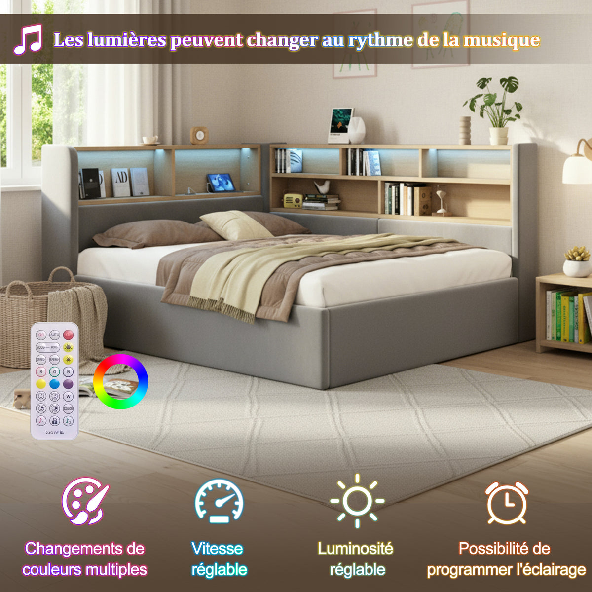 Daybed 140x190cm with Hydraulic Storage, LED & USB, Grey Velvet