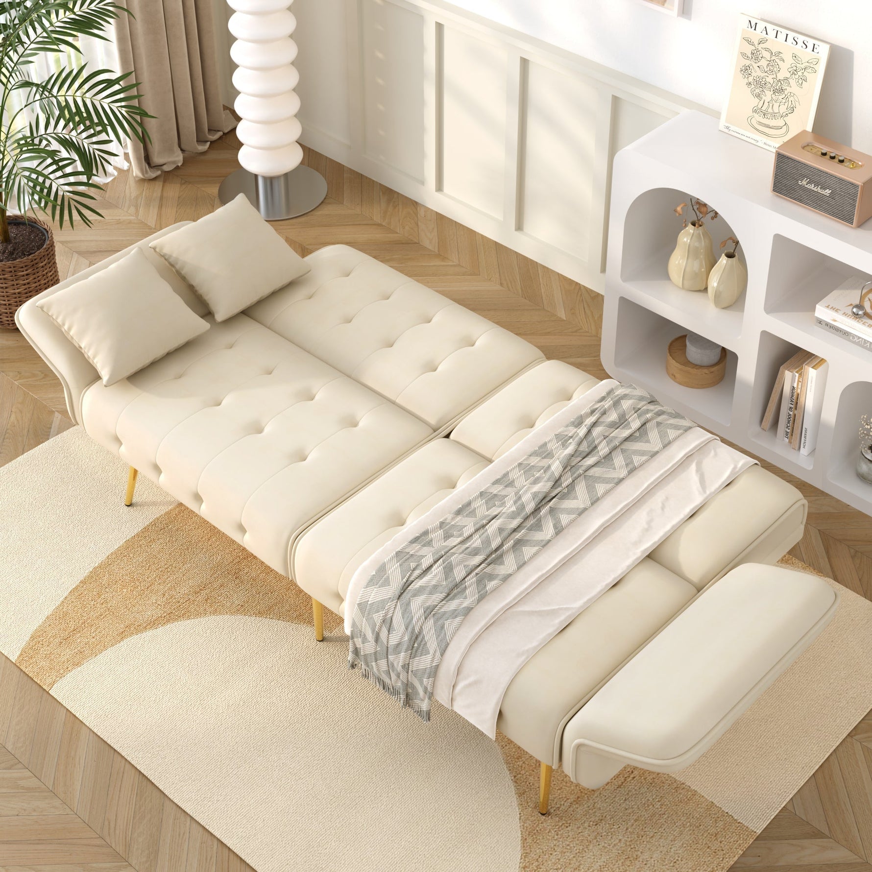 Two-seater Sofa Bed Multifunctional Adjustable Backrest Velour Upholstery