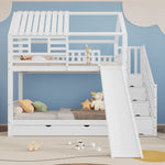 Bunk Bed, House Bed with Stairs, Slide, Storage, Safety Gate & Drawer, Pine/MDF, White