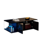 Coffee Table, Living Room Sofa Table with LED, High-Gloss, Tempered Glass, 2 Cabinets, Black Chipboard