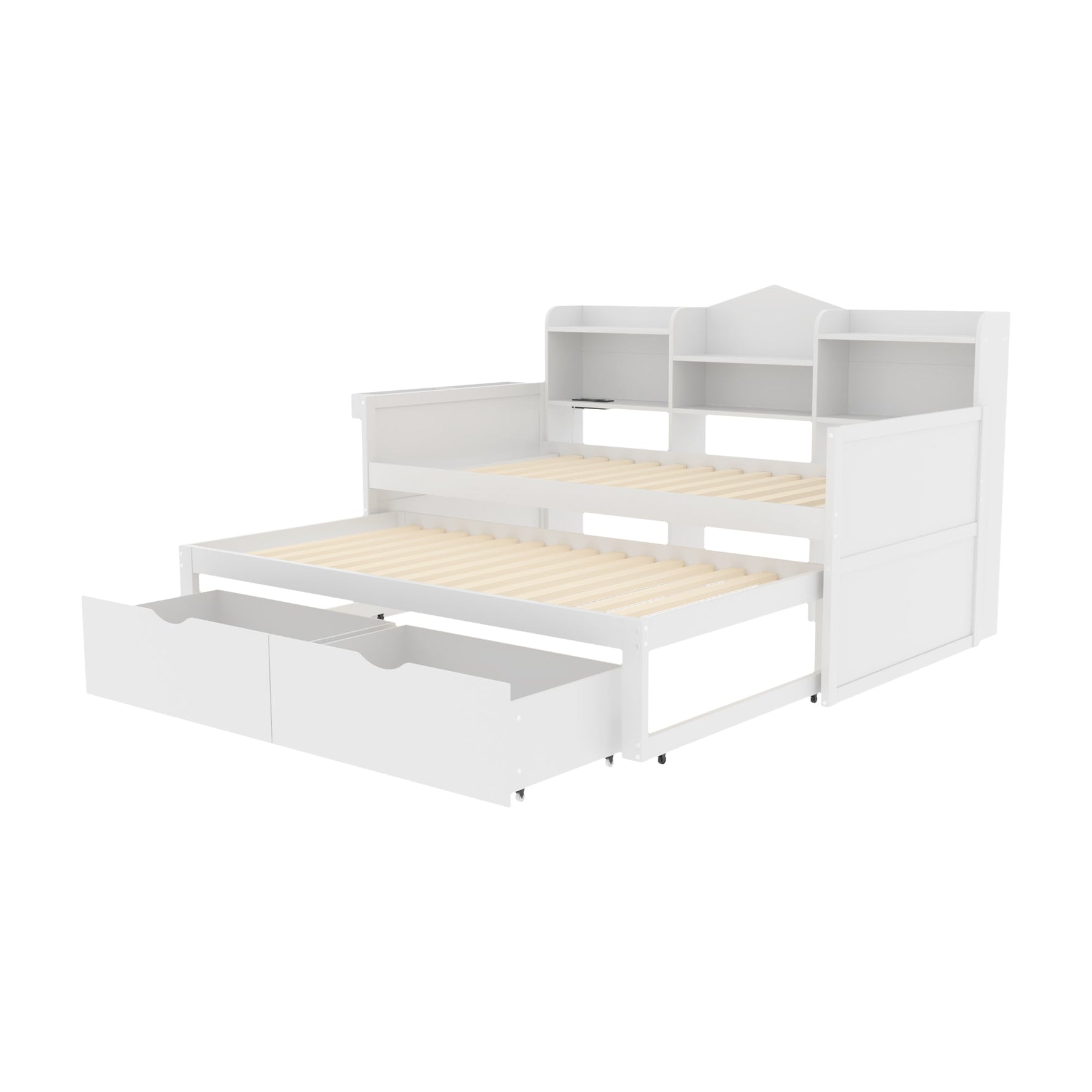 Sofa Bed 90*200, Pull-Out 90*190, 2 Drawers, Storage, USB Socket, Wooden, White