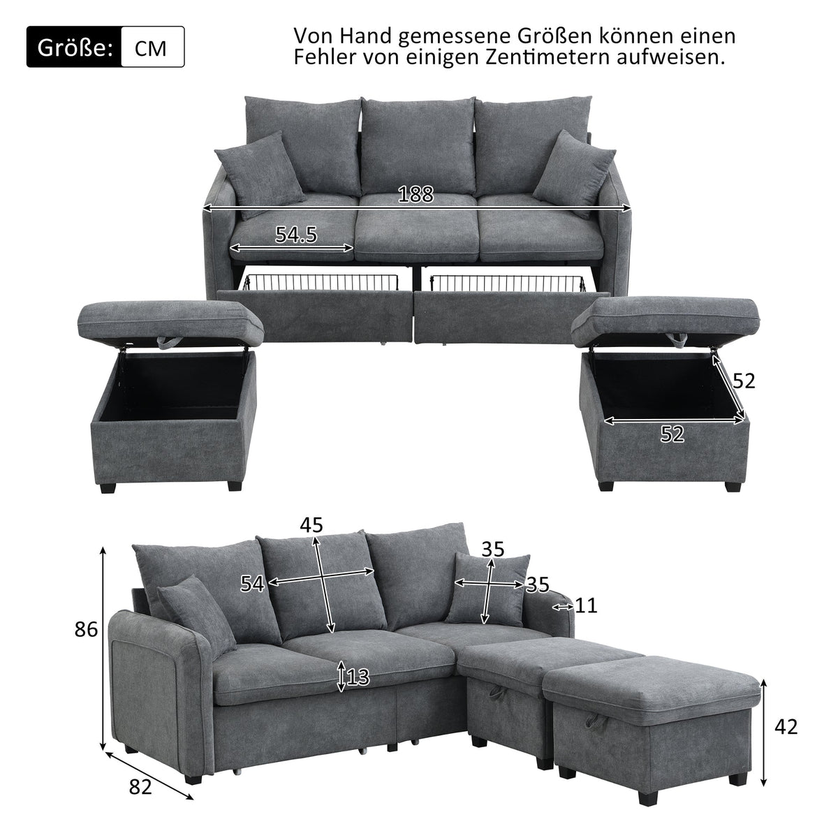 Corner Sofa U-Shaped Three-Seater Modular with Storage & Sleeping Function, Chenille