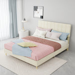 Modern Double Bed 140x200cm with Plaid Headboard, Dark Gray Fabric