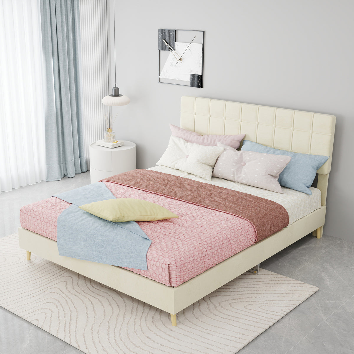 Modern Double Bed 140x200cm with Plaid Headboard, Dark Gray Fabric