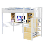 Loft Bed with Desk, Shelf, LED Lighting and Storage Stairs, 90x200cm, White Iron Frame
