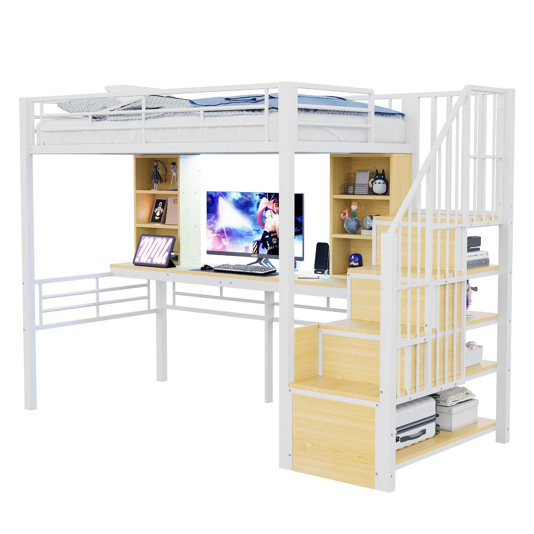 Loft Bed with Desk, Shelf, LED Lighting and Storage Stairs, 90x200cm, White Iron Frame