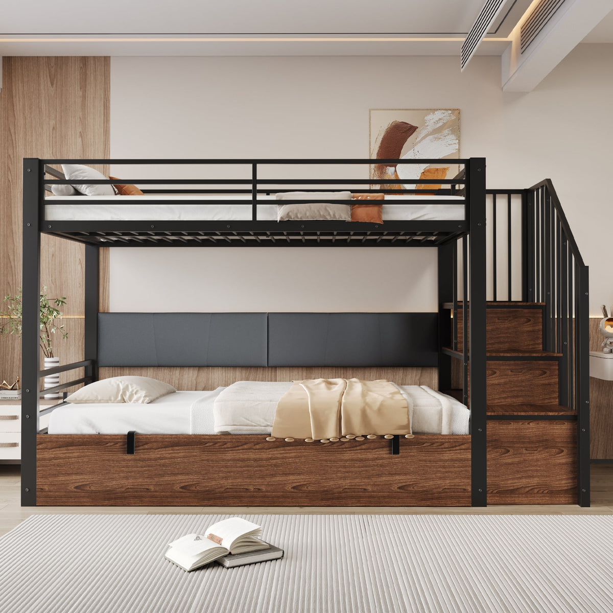 Iron Loft Bed with Hydraulic Function, Padded Backrest and Safety Ladder, 90x200cm, Black PU