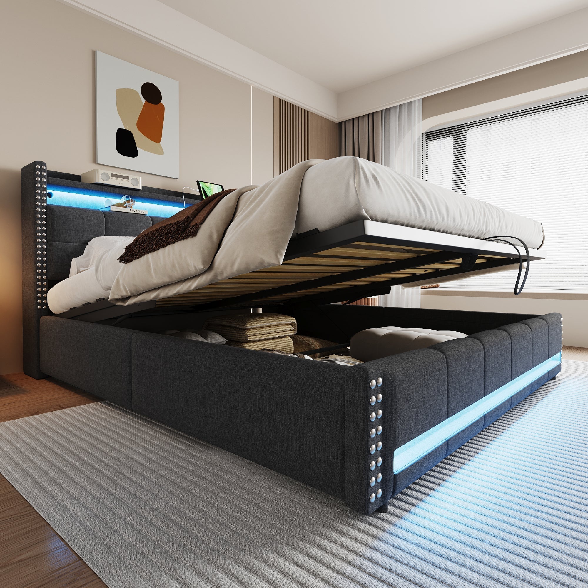 Upholstered Bed 180x200cm LED/USB Hydraulic Storage Linen Fabric Grey
