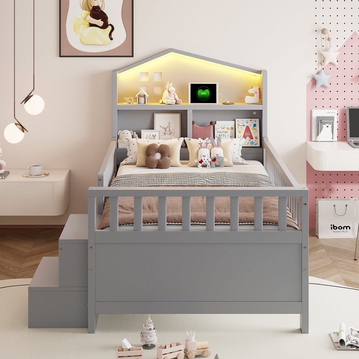 Children's Bed with 4 Drawers, LED Lights, USB and Type-C Charging Ports, 90x200cm, Grey Solid Wood