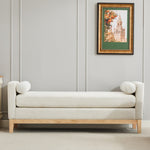 Elegant Upholstered Bench, Daybed Ottoman with Wood Legs and 2 Bolster Pillows, Ivory Boucle
