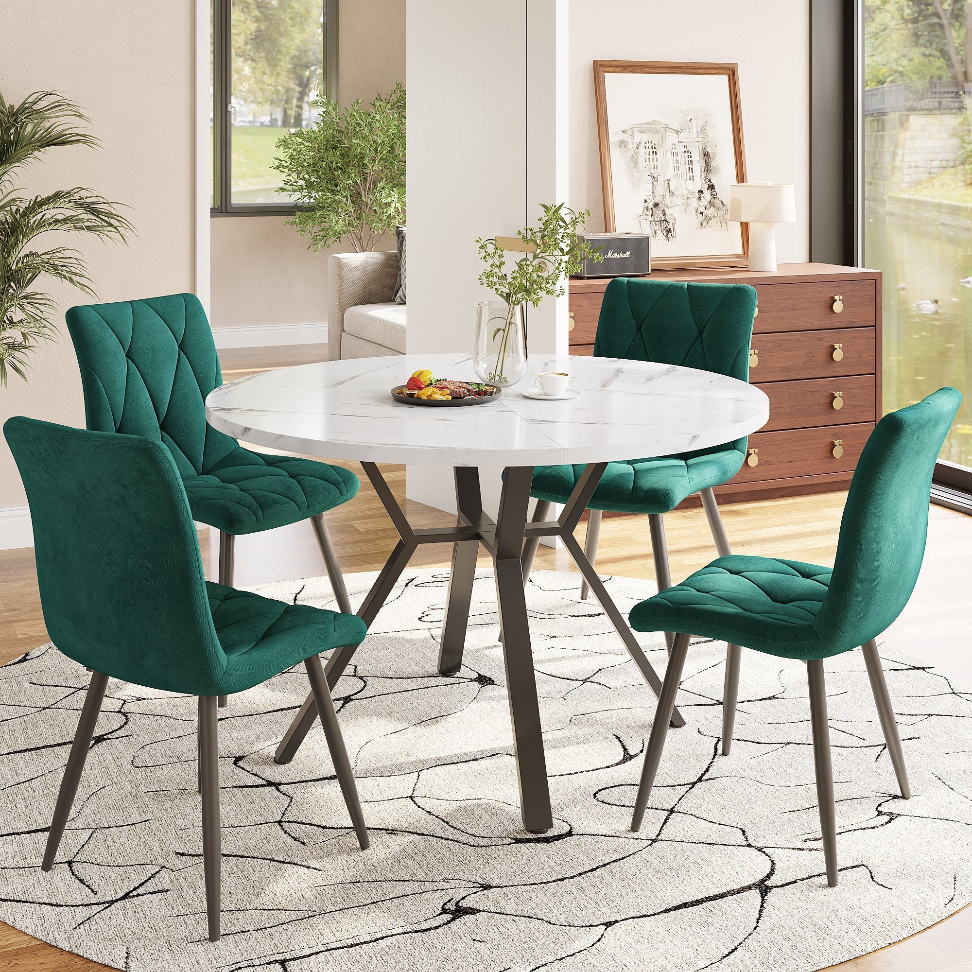 Dining Table Set 5-Piece Round Marble 4 Chairs Black Metal Legs Green Suede