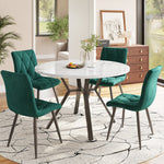 Dining Table Set 5-Piece Round Marble 4 Chairs Black Metal Legs Green Suede