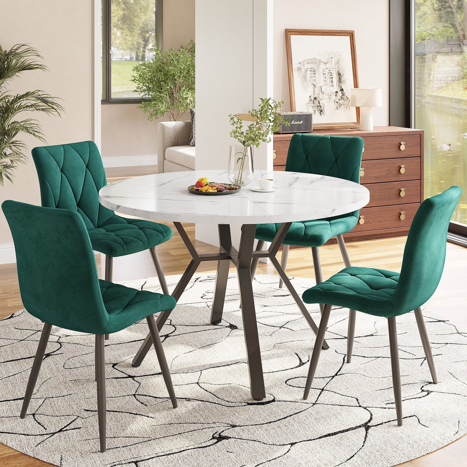 Dining Table Set 5-Piece Round Marble 4 Chairs Black Metal Legs Green Suede