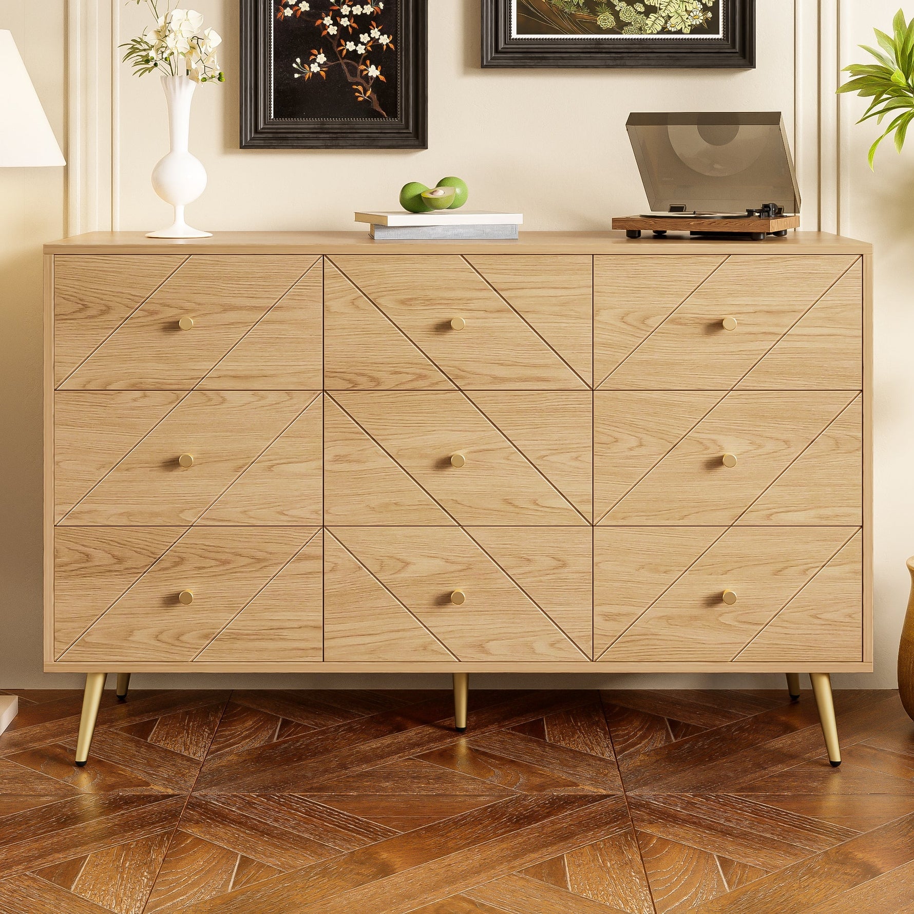 Modern 9-Drawer Chest, Iron Legs Geometric Pattern, PB Construction